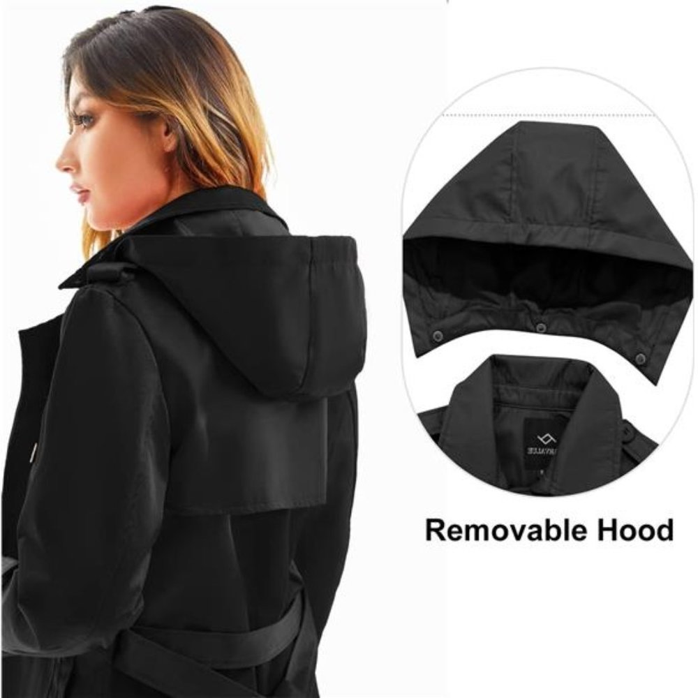 Women's Long Waterproof Trench Coat Double Breasted Belted Coat with Hood - Picture 5 of 8